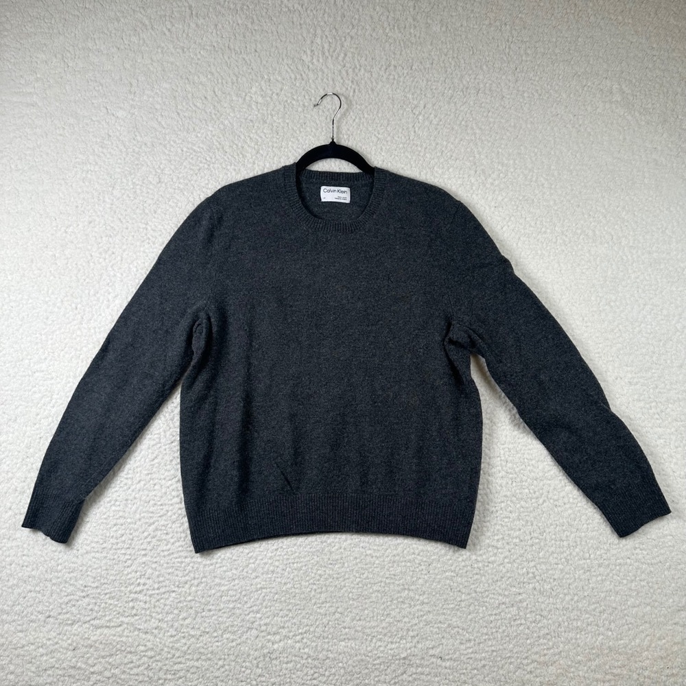Calvin Klein Sweater Men L 100% Wool Crewneck Knit Charcoal Gray Business Casual